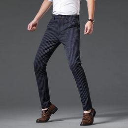 Spring Autumn Stripe Trousers Men Formal Work Business Red Grey Blue Black Slim Fit Ironfree Office Luxury Suit Pants Male 38 240321