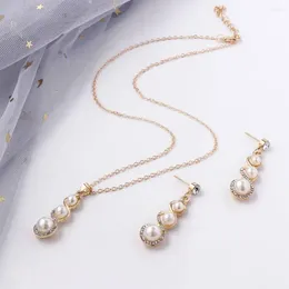 Necklace Earrings Set Luxury Bridesmaid Bride Cubic Zirconia Rhinestone Angel Teardrop Simulated Pearls Dangle Pendant Jewelry