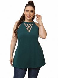 gibsie Plus Size Solid Cut Out O-Neck Halter Tops Women xxxl 4xl Black Casual Summer Sleevel Tee Shirt Womens Clothing G0JV#