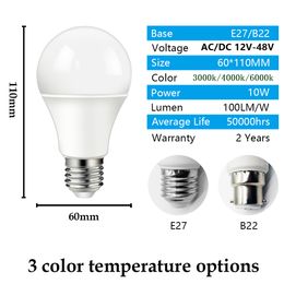6pcs/lot DC/AC 12V-48V LED Bulb E27 B22 Lamps 10W Bombilla For Solar Led Light Bulbs 12 Volts Low Voltages Lamp Lighting