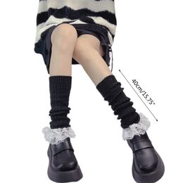 Casual Ribbed Knitted Leg Warmers Women Harajuku Tiered Ruffled Lace Hem Cover Streetwear Boot Cuffs Calf Sock
