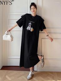 Party Dresses NYFS 2024 Summer Korea Woman Dress Vestidos Robe Elbise Loose Plus Size Patchwork Lace Hem Print Short Sleeve Long