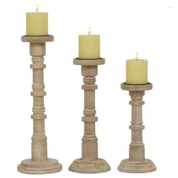 Candle Holders Carved Set Of 3 Round Natural Wood