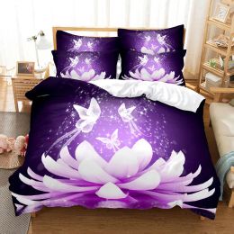 Purple Bedding Set Flowers Duvet Cover Polyester Quilt Cover 3D Comforter Lavender Butterfly Double Full King Queen Twin Single