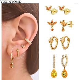 Hoop Earrings 925 Sterling Silver Ear Needle Orange Yellow Water Drop Geometric Pendant For Women Fashion Retro Jewelry