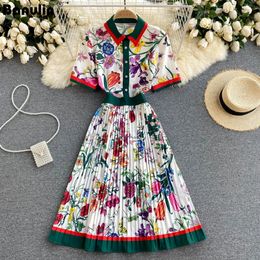 Summer Runway Designer Pleated Dress Short Sleeve Shirt Collar Overlay Flower Print Slim Party Midi Dresses N78610 240321