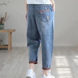 Rippad skarv baggy fotledslängd harem jeans kvinnor elastisk hög midja denim byxa casual vaqueros blå byxor koreanska pantaloner