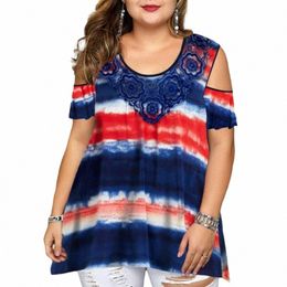 o-neck Cold Shoulder Loose Women T-shirt Short Sleeve Lace Fr Stitching Striped Tie-dye Print Plus Size T-shirts M3CK#