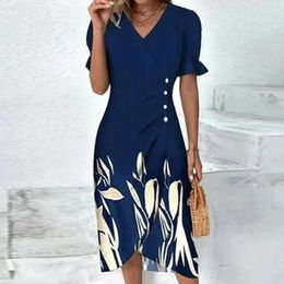 Casual Dresses Chinese Style Floral Print Slim Dress Short Sleeve V Neck Outfits For Girls Teens Chic And Elegant A-Line