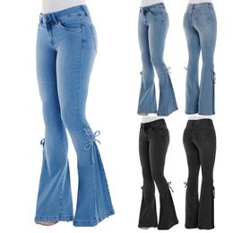 Vintage Denim Jeans Women High Waist Jeans Stretch Denim Flare Pants Trousers for Women Lace Up Bow Long Wide Leg Flare Jeans