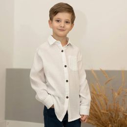 Linen Cotton White Shirts 2024 Boys Girls Summer T-Shirts Toddler Comfortable Tops Tee Children Clothing Kids Button Blouse 240326