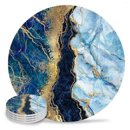 Table Mats Abstract Blue Marble Round Coffee Kitchen Accessories Absorbent Ceramic Coasters