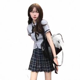 summer Short Sleeve Uniform Set Girls' Japanese and Korean Academy Style Two Piece Set Blue Shirt Black Plaid Skirt Shiny Bow i8tM#