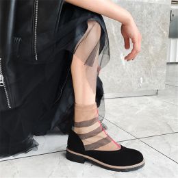 Drestrive Luxury Women Ankle Boots Kid Suede Low Heels 3 Cm Spring Patchwork Platform Striped Lattice Black Winter Shoes Brand