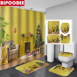 Shower Curtains Modern Yellow Living Room Print Bathroom Curtain Pedestal Anti-slip Carpet Floor Bath Mat Toilet Cover Rug