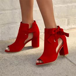 Dress Shoes 2024 Style Woman's Spring Summer Fashion Elegant Bow Side Hollow Large Size Thick Heel Fish Mouth Roman