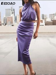 Work Dresses Deioao Fashion Skinny Women's 2-piece Summer Sleeveless Halter Sexy Elegant Calf Skirt Purple Nylon Navel Slim Feminine Outfit