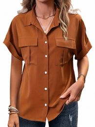 plus Size Casual Blouse, Women's Plus Solid Roll Up Short Sleeve Turn Down Collar Butt Up Shirt Top With Flap Pockets I0wX#