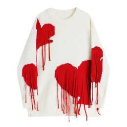 Fashion Heart Print Tassel Sweater Girls Knitted Sweater Street Loose Pullover Retro Y2K Sweater Harajuku Oversized Top 240320