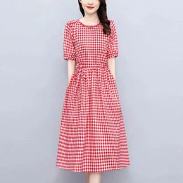 Casual Dresses Fashion Loose Spliced Ruffles Bandage Bow Shirring Plaid Midi Dress Women's Clothing 2024 Summer Oversized