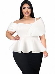 white Tops Plus Size 4XL Off Shoulder Spaghetti Strap High Waist Peplum Blouses for Ladies Evening Cocktail Party Shirts T53P#