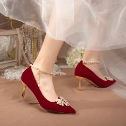 Röd pärla bowknot bröllopsfest skor för kvinnor sträng pärla tunna klackar pumpar damer ankel rem pekade tå höga klackar skor