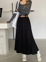 Skirts Autumn Black With Belt Pleated Long Vintage Women's Spring Brown High Waist Vacation Party A-line Skirt Female Trend