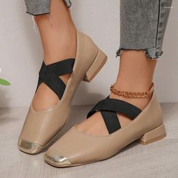 Casual Shoes Fashion Elastic Cross Strap Chunky Heel Women Pumps Comfortable Low Heels Vintage Square Toe Mary Jane Size 42 43