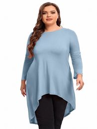plus Size Lg Sleeve Spring Fall Hi Low Tunic Tops Women Lg Loose Fit Flare Swing Blouse T Shirt Large Size Casual Tops 6XL J8aV#