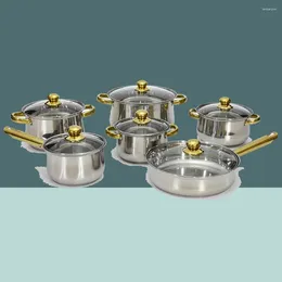 Cookware Sets 12pcs Pot With Glass Lid Uncoated Stainless Steel Set Household All Applicable Golden Handle Kettle Cooking