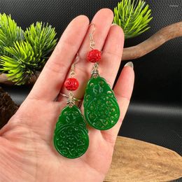 Dangle Earrings Retro Charm Green Jade Bat Hollow Flower Style Drop Earring 14K Gold Chinese Ancient Hook For Women Gift