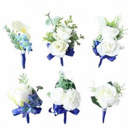 meldel Corsage Men Wedding Boutniere Bridal Wrist Corsage Bracelet White Blue Groomsmen Lapel Pin Party Meeting Frs Decor U9I0#