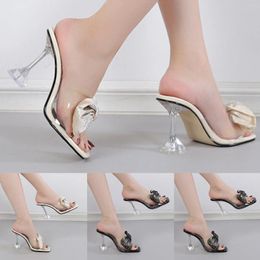 Slippers Summer Rome Shining Rhinestone Women's Slides Sandals Transparent Square Toe Ladies Heel