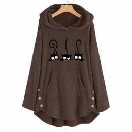 plus Size Womens Fleece Cat Embroidery Plus Size Warm Hoodie Top Butt Sweater Blouse New Fi Simple Versatile Clothing u2rD#