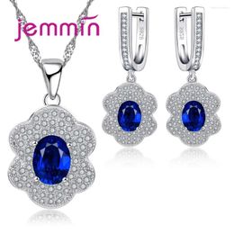 Necklace Earrings Set Luxury Exaggerate Blue Crystal Flower Inlaid Full Rhinestone Women 925 Sterling Silver