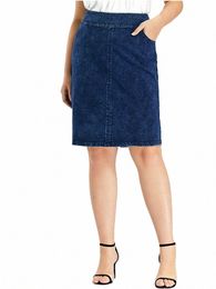 lih HUA Women's Plus Size Denim Skirt High Elasticity Slim Fit Pocket Skirt Casual Fi Woven Skirt k4jl#