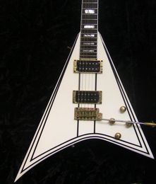 Exclusive Randy Rhoads RR 1 Black Pinstripe White Flying V Electric Guitar Gold Hardware Block MOP Inlay Tremolo Tailpiece4869816