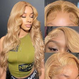 Stunning 13X4 Honey Blonde Lace Front Wig Human Hair 27# Colour Body Wave Pre Plucked with Baby Hair 180% Density Glueless Coloured Human Hair Lace Front Wigs 28 Inch