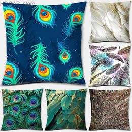 Pillow Peacock feather series pattern decorative case living room sofa office seat cushion cover bed home decoration Y240401