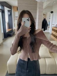 Women's Knits Lapel Gradient Print Long Sleeve Cardigan Crop Top For Women Off Shoulder Knitted Ribbed Zip Up Sweaters Jumpers 2024 Y2k Pull