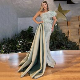 Party Dresses Sexy Light Green Evening Dress One Shoulder Feather Beaded Sequin Prom Floor Length Formal Gowns Vestidos De Fiesta