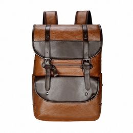 men Backpack Leather Bagpack Large laptop Backpacks Male Mochilas Retro Schoolbag For Teenagers Boys Patchwork Color Brown Black t5Vh#