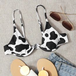 Women Cow Print Underwire Bikini Top Bandeau Bandage Bikini Push-Up Brazilian Swimwear Beachwear Tops