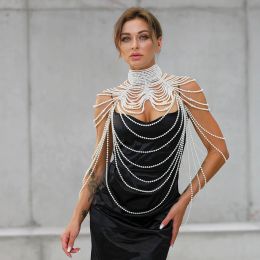 Necklaces Sexy Pearl Body Chain For Women Necklaces Shawl Female Punk Style Beaded Collar Shoulder Sweater Long Chain Bridal Body Jewellery