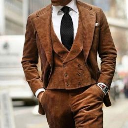 Costume Homme Brown Corduroy Vintage Men Suits Tailor-Made 3 Pcs Set Wedding Groom Custom Tuxedo Prom Slim Fit Jacket Vest Pants