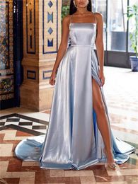 Party Dresses A-Line Maxi Sexy Formal Evening Birthday Dress Spaghetti Strap Sleeveless Court Train Charmeuse With Sleek Slit Pure Color