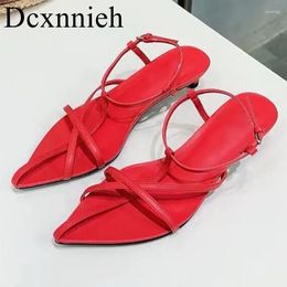 Casual Shoes Pointed Open Toe Genuine Leather Sandals For Women's Summer Fine Strap Combination Vacation Beach 2024