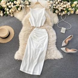 Work Dresses Sexy Tanks & Camis Tunic Solid Color Round Neck Crop White High Waisted Hip Wrapped Skirts Faldas Two Piece Sets