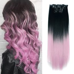 Long Straight Ombre Colour 16 Clips In Hair Extensions 24 Inch Long 6 Pcs/Set 16 Clips Synthetic 140g Hair Piece For Women