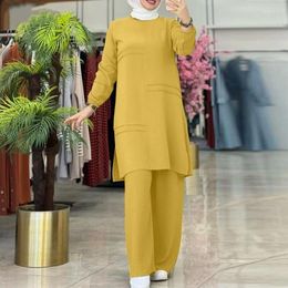 Ethnic Clothing Two Piece Muslim Sets Women Loose Tops Wide Leg Pants 2pc Casual Kaftan Turkey Set 2024 Ramadan Eid 2 Islam 5xl